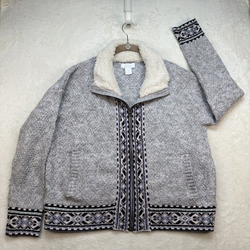 Womens Sherpa Lined Jacket Gray Nordic Aztec Fleece Coat Cozy‎ Cabin Small